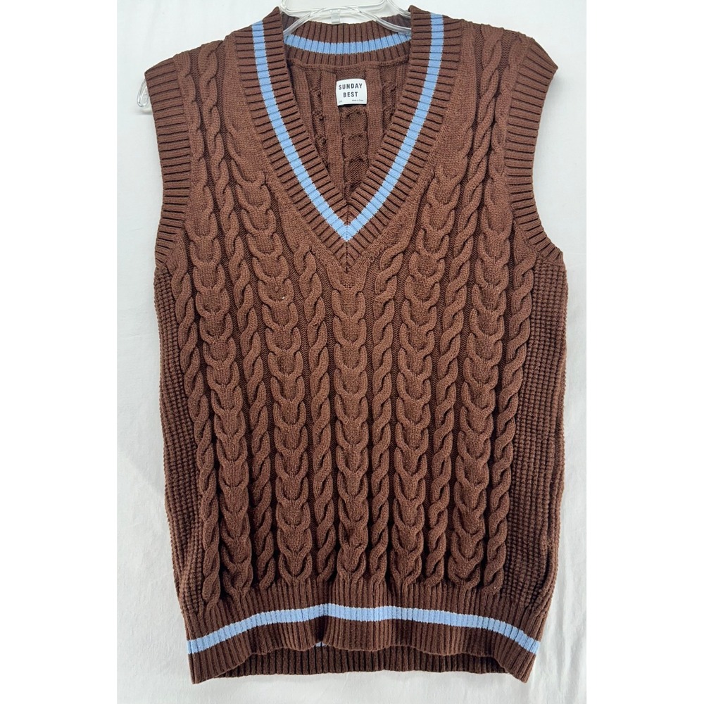 Sunday Best Aritzia Brown Cable Knit Sweater Vest Blue Trim V-Neck 2XS Preppy